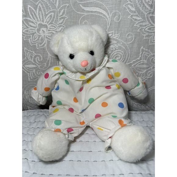 Vintage Plush Circus Clown Teddy Bear White Pastel Polka Dots Prestige ? 14” - Picture 1 of 14